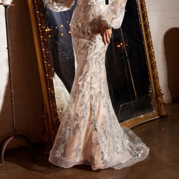 SILVER/NUDE PROM PARTY FORMAL LONG SLEEVE OFF THE SHOULDER GOWN DRESS CD816 - Picture 2 of 7
